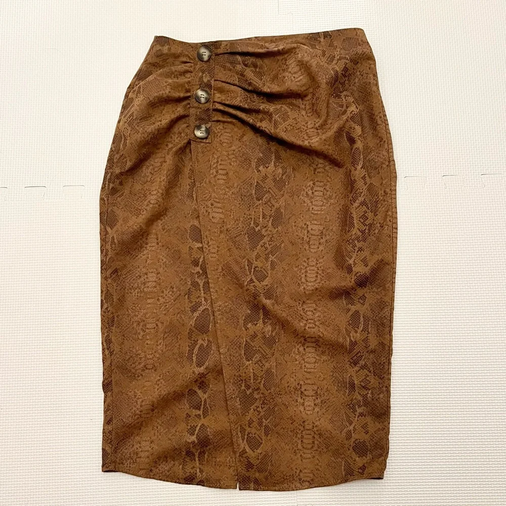 Zara Brown Snake Print Pencil Skirt Front Slit Size S - Picture 6 of 9